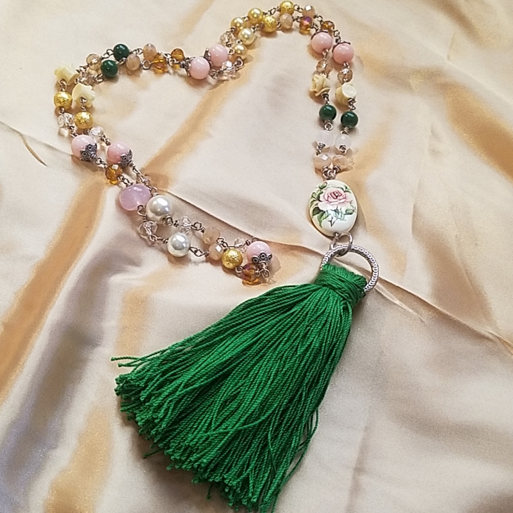 Green Tassel Opera Necklace